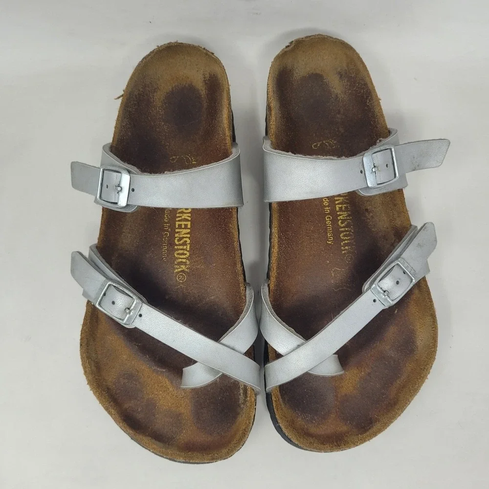 Birkenstock Mayari Sandals EU38 US7.5 Silver Birko Flor Slides Slip On Comfort